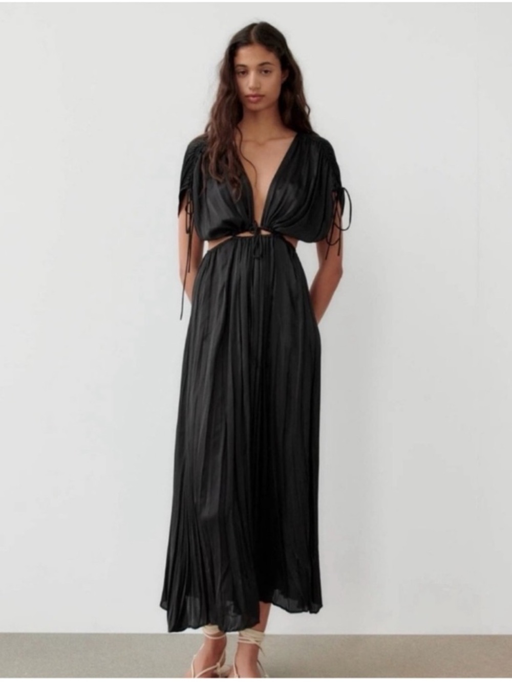 Zara | Black Cut Out Tie Plisse Dress NWT